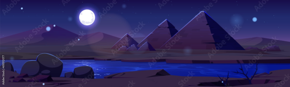 Pyramid in egypt desert oasis vector night landscape background. Ancient nile river scene drawing banner. Arabic archeology wild cactus, river cartoon illustration, great stone tomb, full moon light Pyramid in egypt desert oasis vector night landscape background. Ancient nile river scene drawing banner. Arabic archeology wild cactus, river cartoon illustration, great stone tomb, full moon light