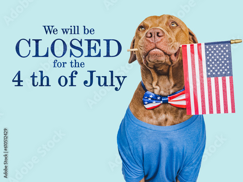 Signboard with the inscription We will be closed for the 4th of July. Cute brown puppy. Closeup, indoors. Studio shot. Congratulations for family, loved ones, friends and colleagues. Pets care concept