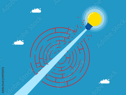  light bulb flew through a puzzle maze. The concept of overcoming obstacles with wisdom vector