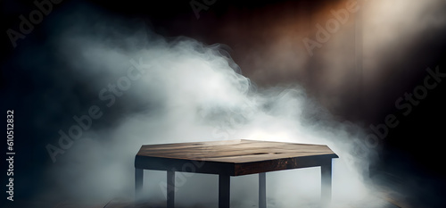 Creative interior concept. Abstract Dark room flooring with wooden table smoke fog surrounding. Banner Template for product presentation. Mock up