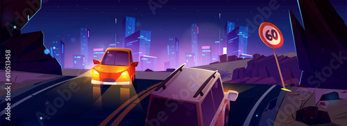 Night road to neon city building futuristic vector background. Light cityscape view and asphalt highway on hill route to usa skyscraper downtown. Modern speed sign for urban traffic panorama concept.