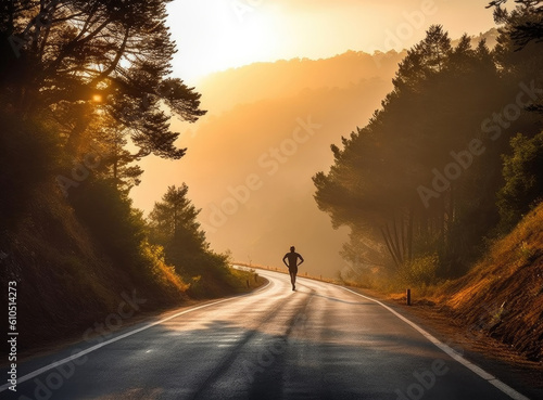 Man running on the street for exercise with nature sunrise background.Generative Ai