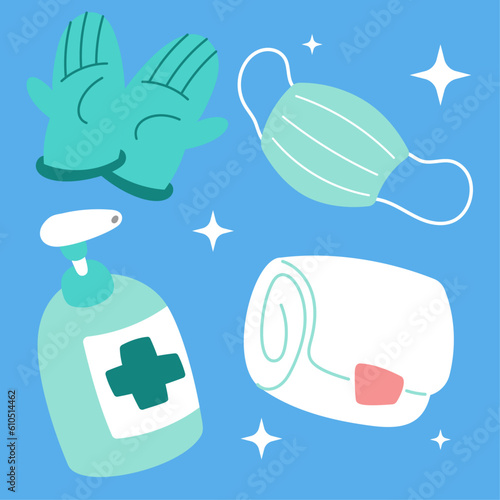 Cute medical sticker set. Hand drawn healthcare cartoon doodle glove mask sanitizer bandage. Bundle of nursery kid graphic print for hospital clinic pharmacy emergency doctor vector