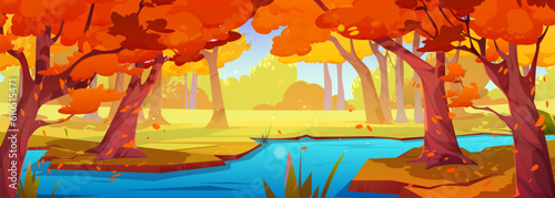 River in autumn forest nature vector cartoon landscape. Falling leaves from tree scene and beautiful stream near meadow or glade. Orange grass and woods panoramic wilderness environment backdrop © klyaksun