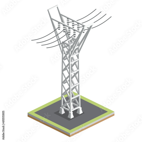 Isometric High Voltage Transmission Line. Element of Distribution Chain.