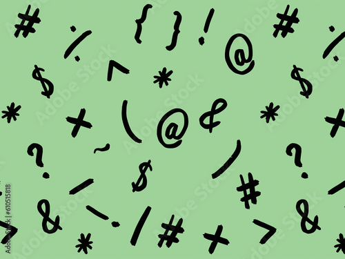 pattern with the image of keyboard symbols. Punctuation marks. Template for applying to the surface. pastel yellow green background. Horizontal image.