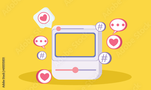 Social media display with picture frames like buttons and geometric shapes.