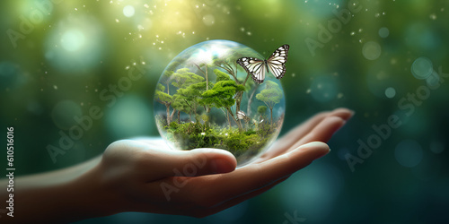 Earth crystal glass globe ball and growing tree in human hand