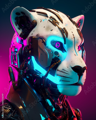 Robotic Cyborg wild Cat White tiger made from rusty metal  photo