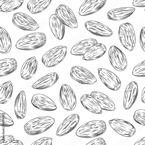 Seamless pattern with hand drawn monochrome almond nuts sketch style