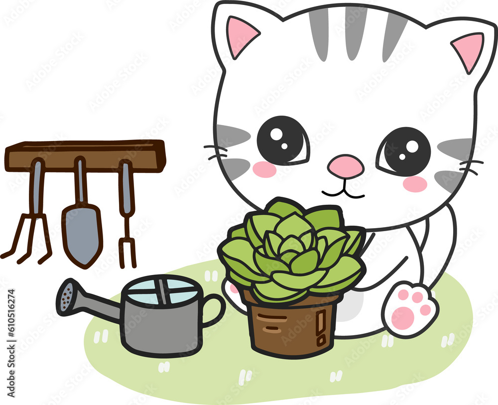 Little Cat planting garden.Cute cartoon character.. Little Cat planting garden.Cute cartoon character..