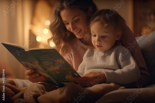 絵本好きな子供に絵本を読んでいる母親、ジェネレーティブ、AI photo