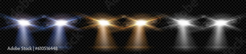 Realistic night car light flare vector effect isolated on transparent background. Front view vehicle headlight lamp beam glow. 3d spooky dark headlamp lense spotlight of sport race auto design set.