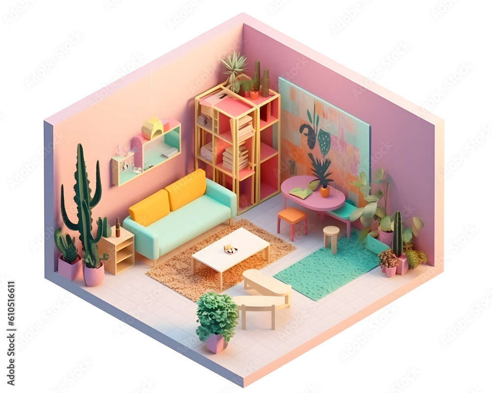 isometric 3d render of a modern living room
