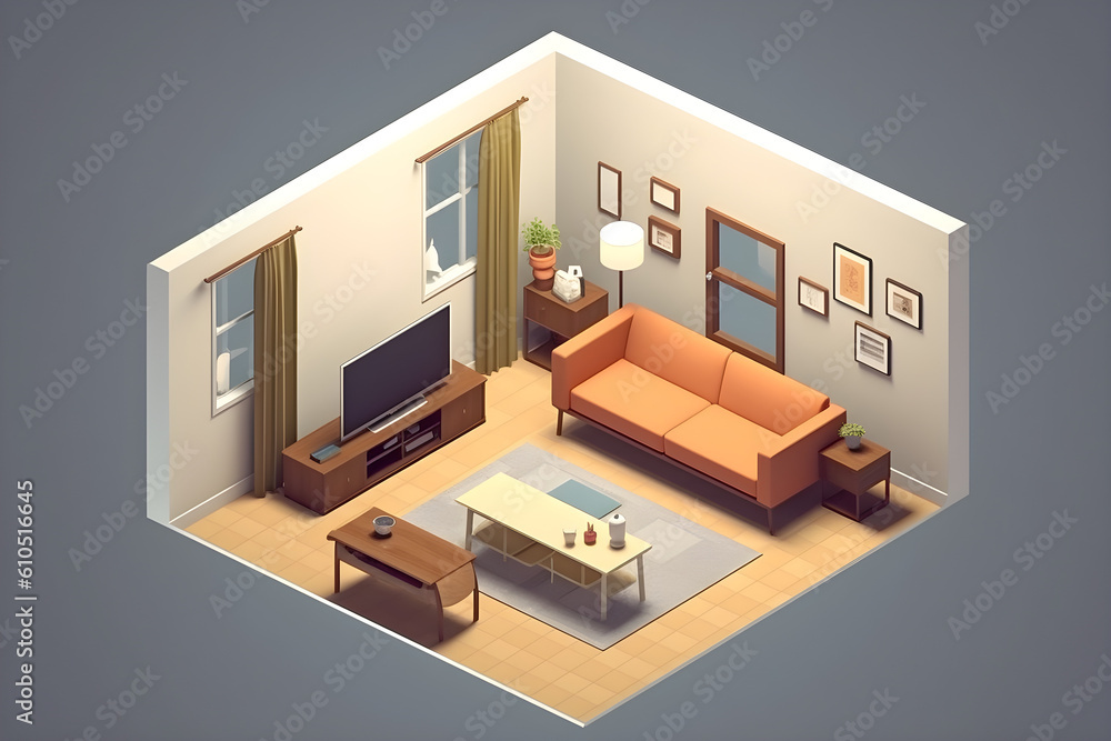 isometric 3d render of a modern living room isometric 3d render of a modern living room