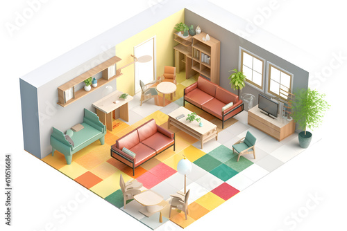 isometric 3d render of a modern living room © sam