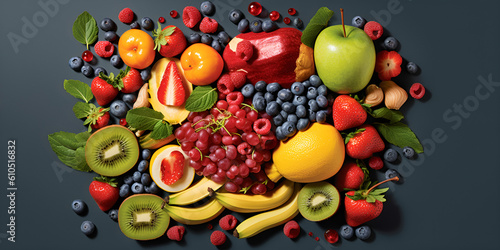 set of different fruits and vegetables on black  background