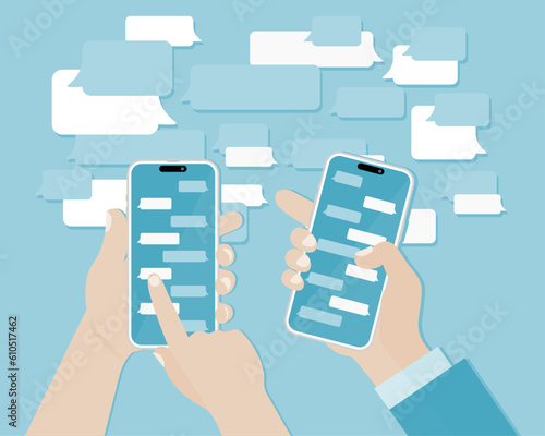 Smart Phone Messenger concept. Instant messaging chat on mobile screens in human hands, cell chat messages dialogue with text chatting boxes. Vector illustration