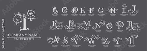 Floral alphabet logo set. Rose flowers in design. Delicate monograms for wedding, boutique, flower business, fashion