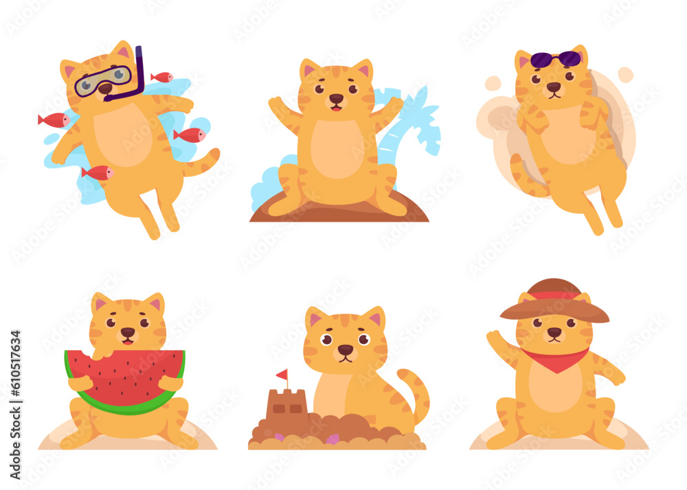set of Cute cat with various activity on summber illustration