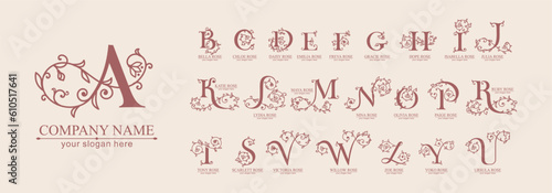Floral alphabet logo set. Rose flowers in design. Delicate monograms for wedding, boutique, flower business, fashion