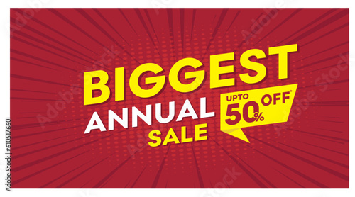 Biggest Annual Sale Banner, Advertising Template, Logo Unit Vector. 50 Percent Off
