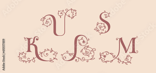 Collection of botanical, initial, letter female logos with rose organic plant elements. Delicate monograms for wedding, boutique