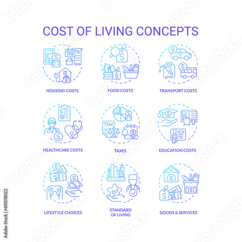 Cost of living blue gradient concept icons set. Money expense. Basic need. Financial sustainability. Social issue. Personal economy. Well being idea thin line color illustrations. Isolated symbols