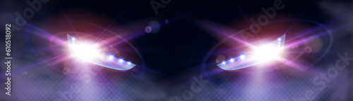 Realistic car headlight flare with smoke at night. Road light beam glow with fog effect vector isolated illustration. 3d flash neon bulb vehicle technology shiny glare. Lense ray png with mist