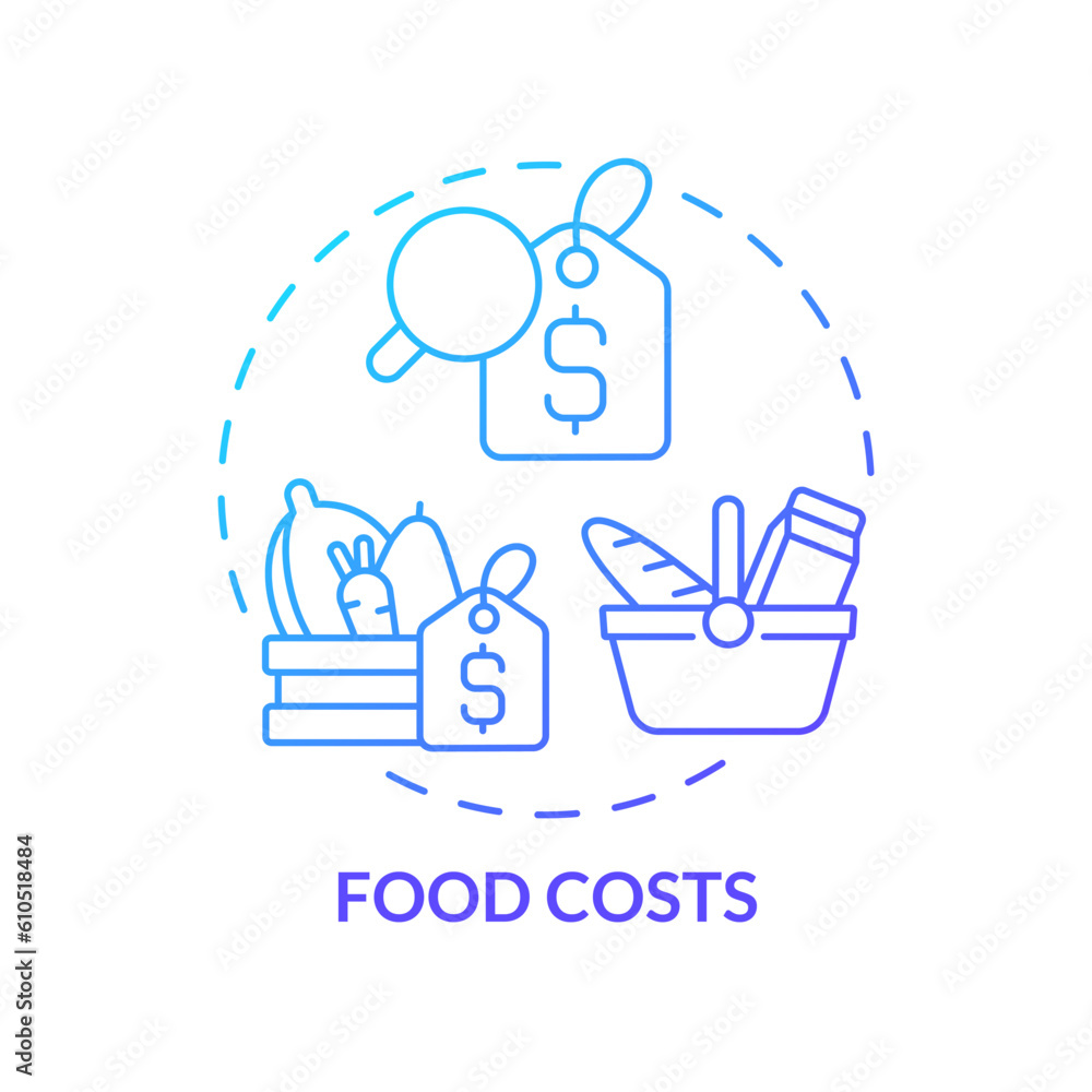 Food costs blue gradient concept icon. Grocery product abstract. Household budget. Basic need. Money expense. Personal finance. Commodity price idea thin line illustration. Isolated outline drawing Food costs blue gradient concept icon. Grocery product abstract. Household budget. Basic need. Money expense. Personal finance. Commodity price idea thin line illustration. Isolated outline drawing