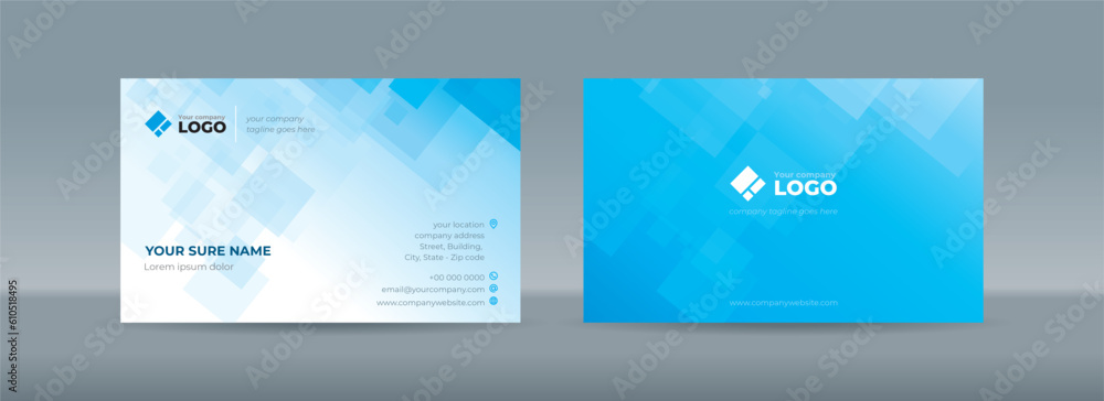 Fototapeta premium Set of double sided business card templates with abstract random transparent white rectangle on white and cyan background