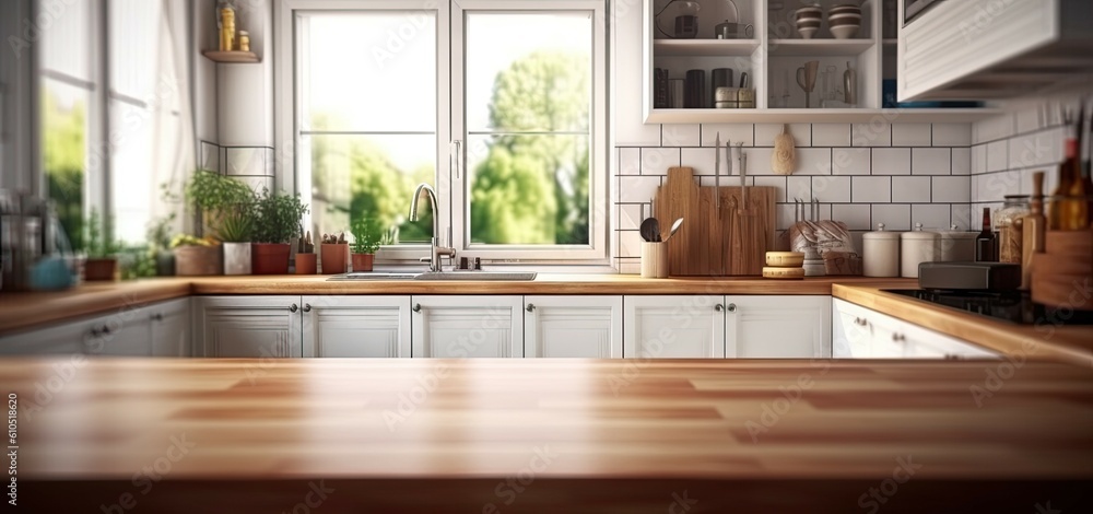 Kitchen room in Spacious Home. Wooden tabletop in a modern interior Kitchen room in Spacious Home. Wooden tabletop in a modern interior