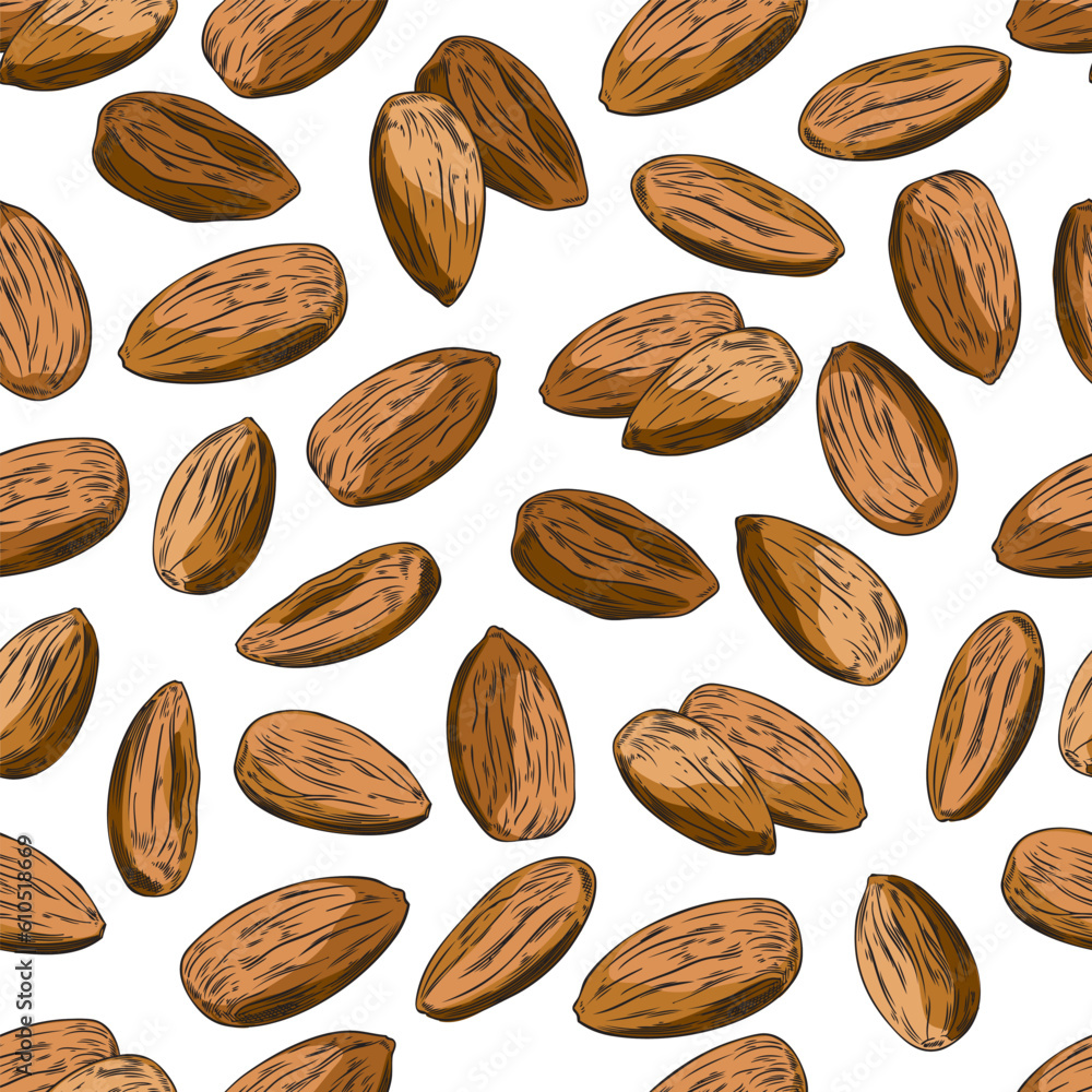 Almond nuts seamless pattern in colored sketch style, vector illustration on white background. Almond nuts seamless pattern in colored sketch style, vector illustration on white background.