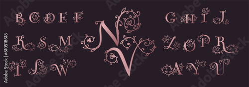 Collection of botanical, initial, letter female logos with rose organic plant elements. Delicate monograms for wedding, boutique