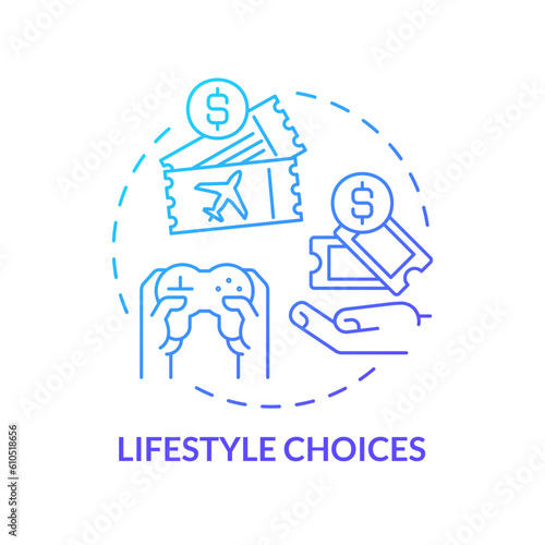 Lifestyle choices blue gradient concept icon. Leisure activity. Travel cost. Spending money. Standard of living. Personal budget abstract idea thin line illustration. Isolated outline drawing