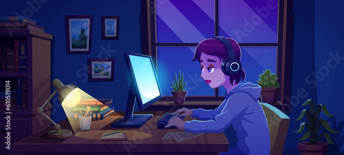 Tired woman at night on window home office workspace vector cartoon background. Work interior design with computer monitor, device, chair, flowers, paper stickers and female character concept.