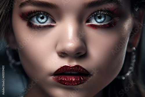 A close up of a woman with blue eyes and red lipstick Generative Ai