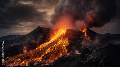 A volcano erupts lava and black smoke into the air Generative Ai