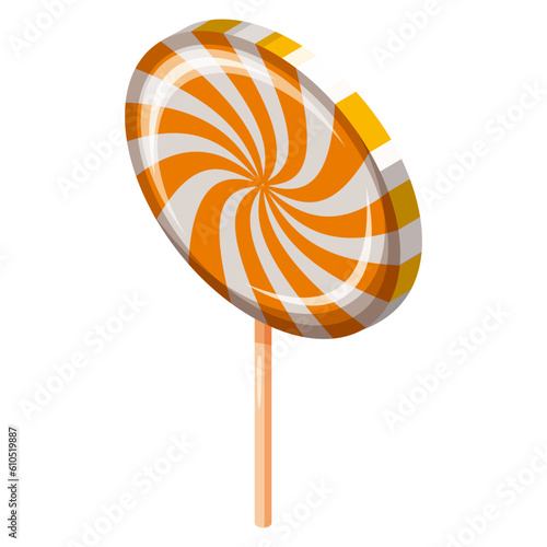 Lollipop Swirl Candy Spiral Isometric. Sweet spiral striped caramel, on stick, vector cartoon style