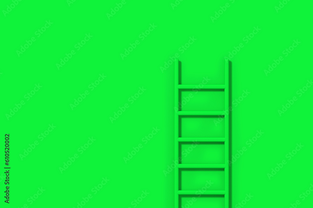 Green staircase on green background. Staircase stands vertically near wall. Way to success concept. Horizontal image. 3d image. 3D rendering. Green staircase on green background. Staircase stands vertically near wall. Way to success concept. Horizontal image. 3d image. 3D rendering.