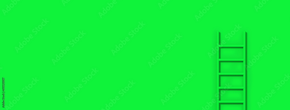 Green staircase on green background. Staircase stands vertically near wall. Way to success concept. Horizontal image. 3d image. 3D rendering. Banner for insertion into site. Green staircase on green background. Staircase stands vertically near wall. Way to success concept. Horizontal image. 3d image. 3D rendering. Banner for insertion into site.