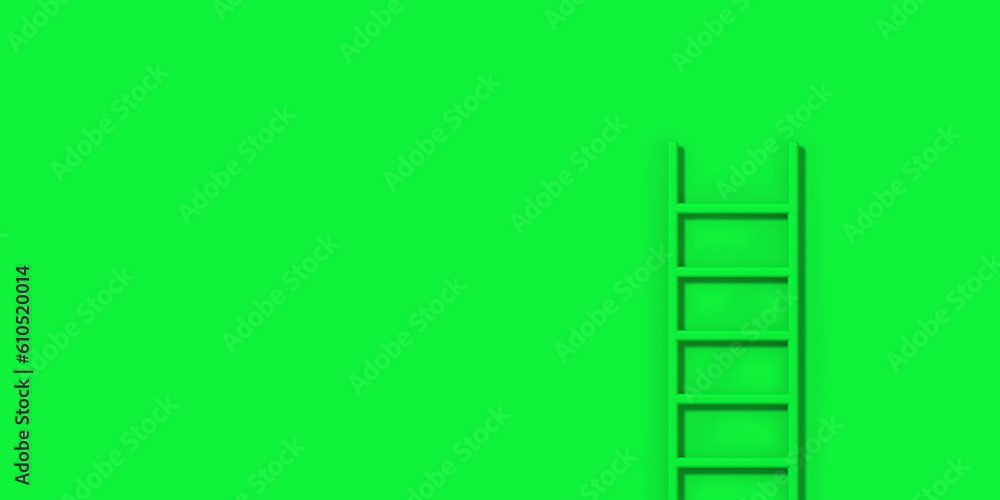 Green staircase on green background. Staircase stands vertically near wall. Way to success concept. Horizontal image. 3d image. 3D rendering. Banner for insertion into site. Green staircase on green background. Staircase stands vertically near wall. Way to success concept. Horizontal image. 3d image. 3D rendering. Banner for insertion into site.