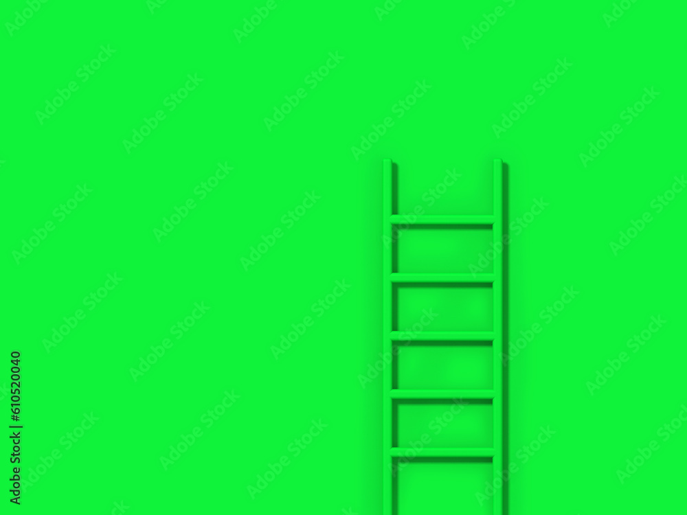Green staircase on green background. Staircase stands vertically near wall. Way to success concept. Horizontal image. 3d image. 3D rendering. Green staircase on green background. Staircase stands vertically near wall. Way to success concept. Horizontal image. 3d image. 3D rendering.