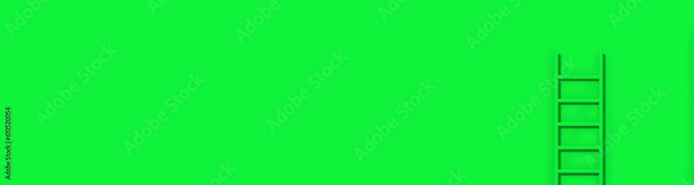 Green staircase on green background. Staircase stands vertically near wall. Way to success concept. Horizontal image. 3d image. 3D rendering. Banner for insertion into site. Green staircase on green background. Staircase stands vertically near wall. Way to success concept. Horizontal image. 3d image. 3D rendering. Banner for insertion into site.
