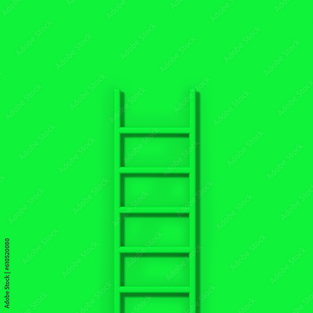 Green staircase on green background. Staircase stands vertically near wall. Way to success concept. Square image. 3d image. 3D rendering. Green staircase on green background. Staircase stands vertically near wall. Way to success concept. Square image. 3d image. 3D rendering.