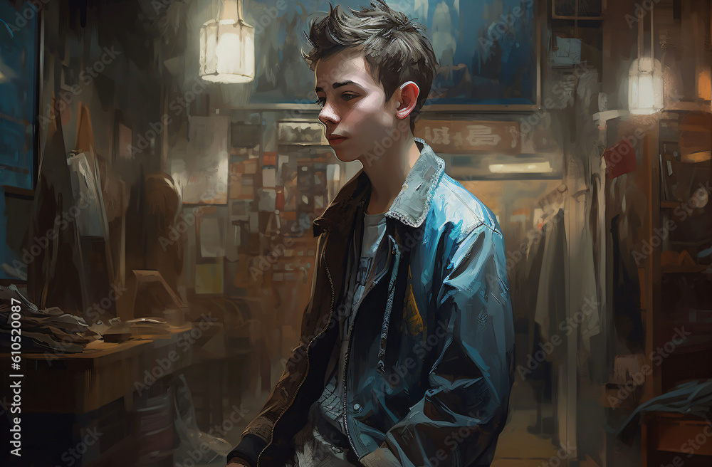Obraz premium An oil painting of a teen boy wearing a denim jacket Generative Ai