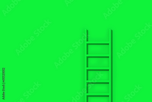 Green staircase on green background. Staircase stands vertically near wall. Way to success concept. Horizontal image. 3d image. 3D rendering.