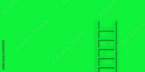 Green staircase on green background. Staircase stands vertically near wall. Way to success concept. Horizontal image. 3d image. 3D rendering. Banner for insertion into site.