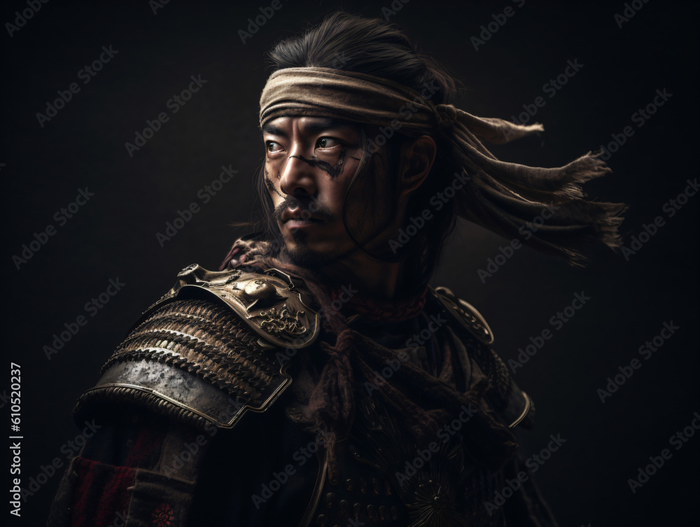 A samurai warrior with a bandana on his head isolated on a black background Generative Ai A samurai warrior with a bandana on his head isolated on a black background Generative Ai