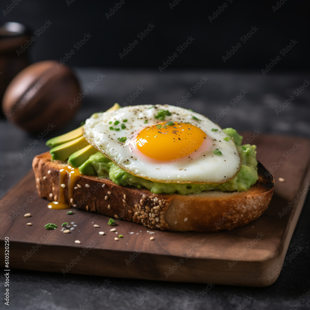 An avocado toast breakfast on a wooden table Generative Ai